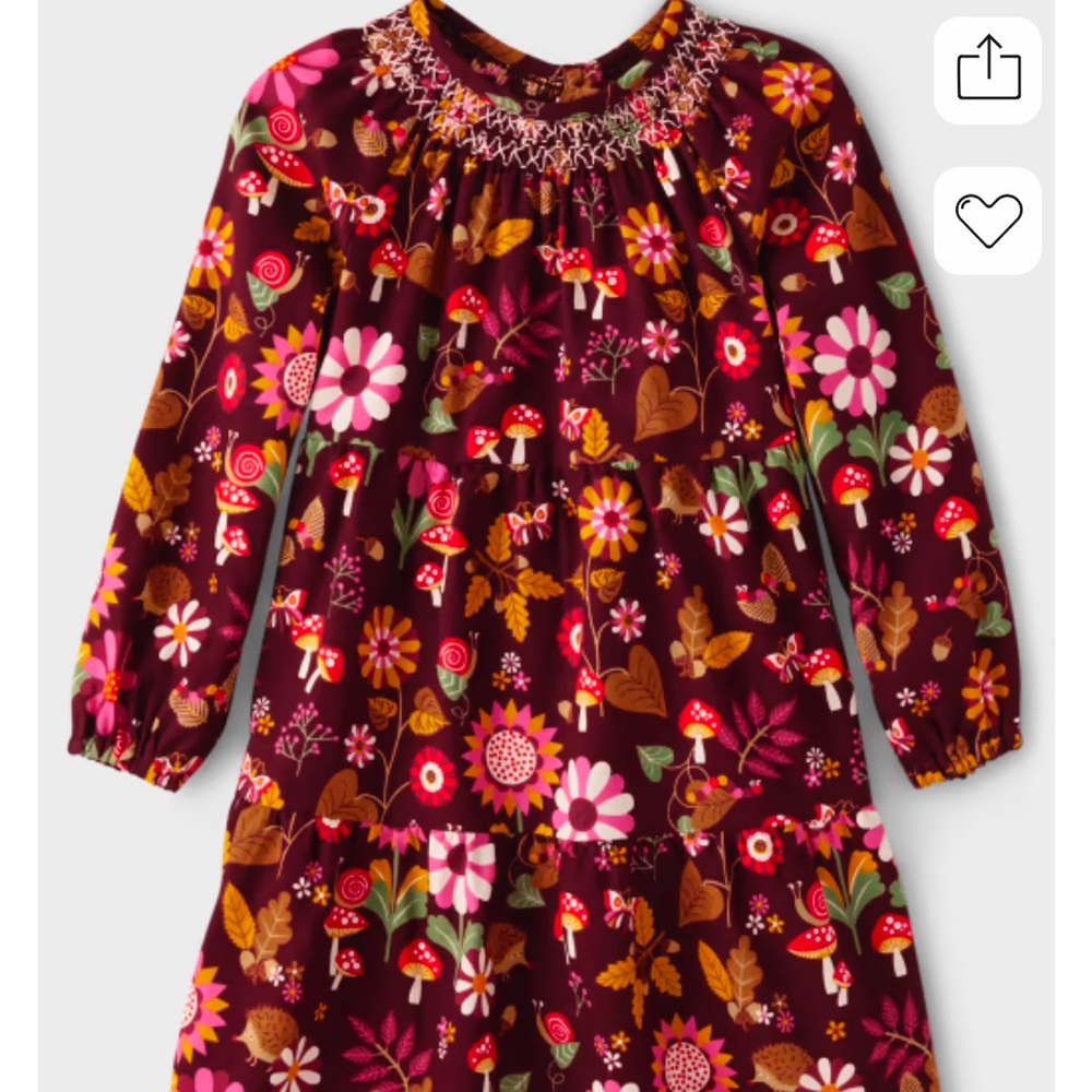Girls Flower Leaf Flannel Tiered Dress - Enchanted Forest - Burgundy